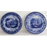 A pair of 19th century blue-and-white pottery chargers. One decorated in European style with