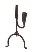 A wrought iron table rushnip or rushlight - late 18th / early 19th century, with candleholder, on