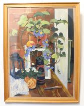 Susan Kirkman (British contemporary) Still life - vase, flowerpots and lantern Gouache, initialed (