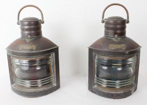 A good pair of mid 20th century ship's copper lanterns 'Port' and 'Starboard': each with swing