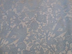 A pair of vintage curtains, pelmet and swagged tie backs in a powder-blue damask silk fabric with