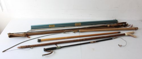 A mixed lot of mostly fishing equipment to include: a three-piece freshwater rod with brass end-