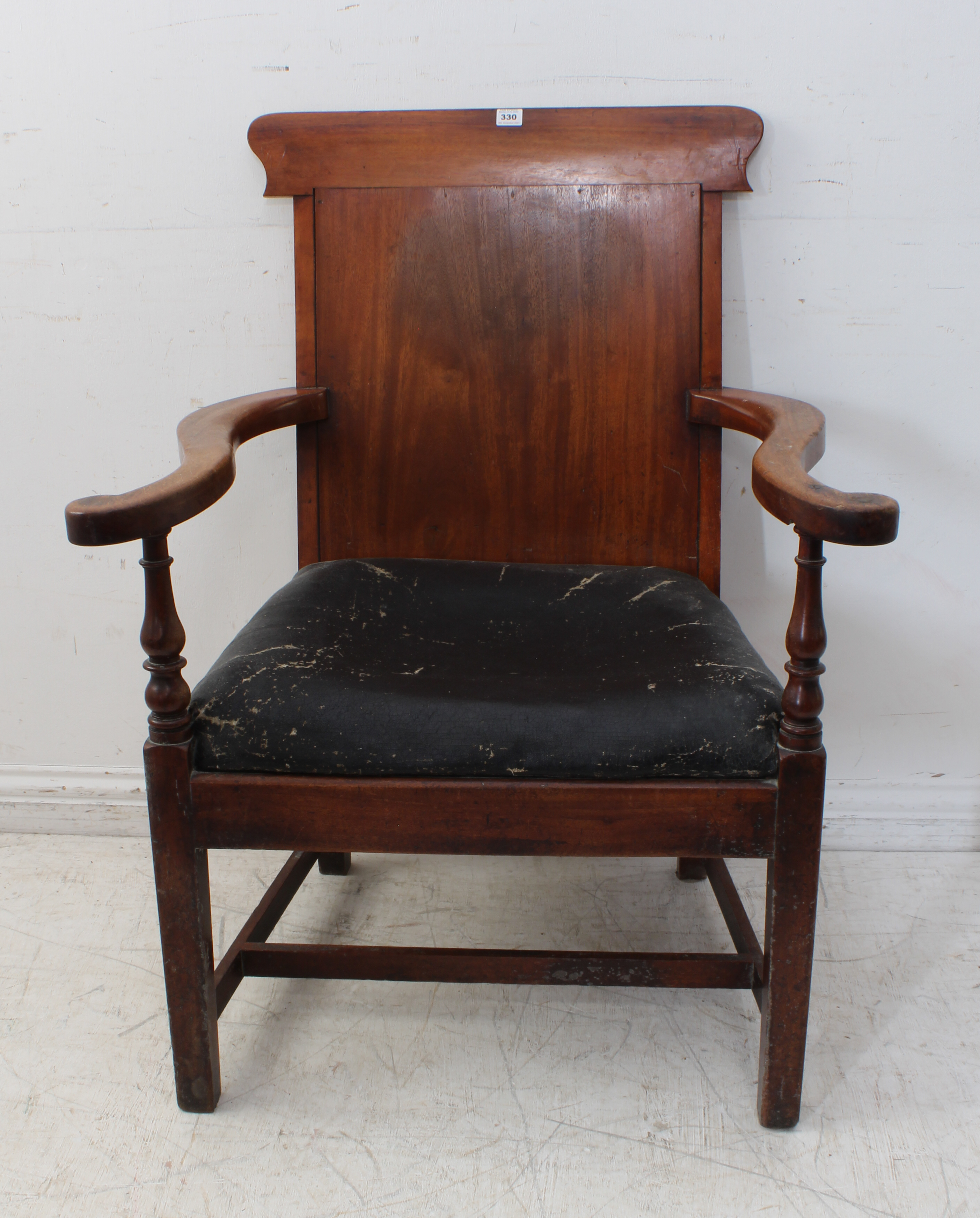 An oversized late Georgian or early Victorian mahogany open armchair: shaped top rail, outset - Image 2 of 3