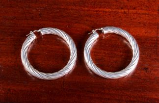 A pair of large silver hoop earrings - 925 hallmarks, barley twist decoration, post fittings for