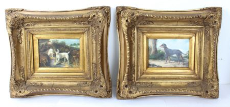 A pair of modern oils on board in early 19th century style: 1. two terriers at a brook, 11.5 x 16.