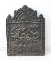 A large and heavy cast-iron fireback with 'Pro Patria' motto, the Dutch Republic Lion and the Maiden