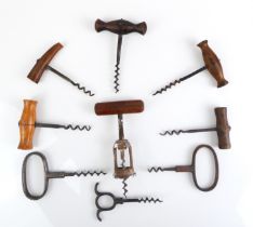 Nine vintage and antique corkscrews - including five T-bar examples (one with antler handle).