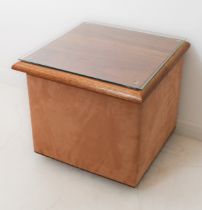 A modern handmade brown suede-covered Ottoman with removable teak and glass top, on castors (LWH