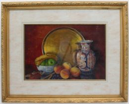 A Lawrence (British 20th century) Still life, fruit bowl and vase oil on board 44.5 x 65 cm (gilt