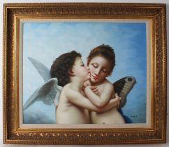 Italian School (late 20th century) Young angels embracing oil on canvas board, signed lower right