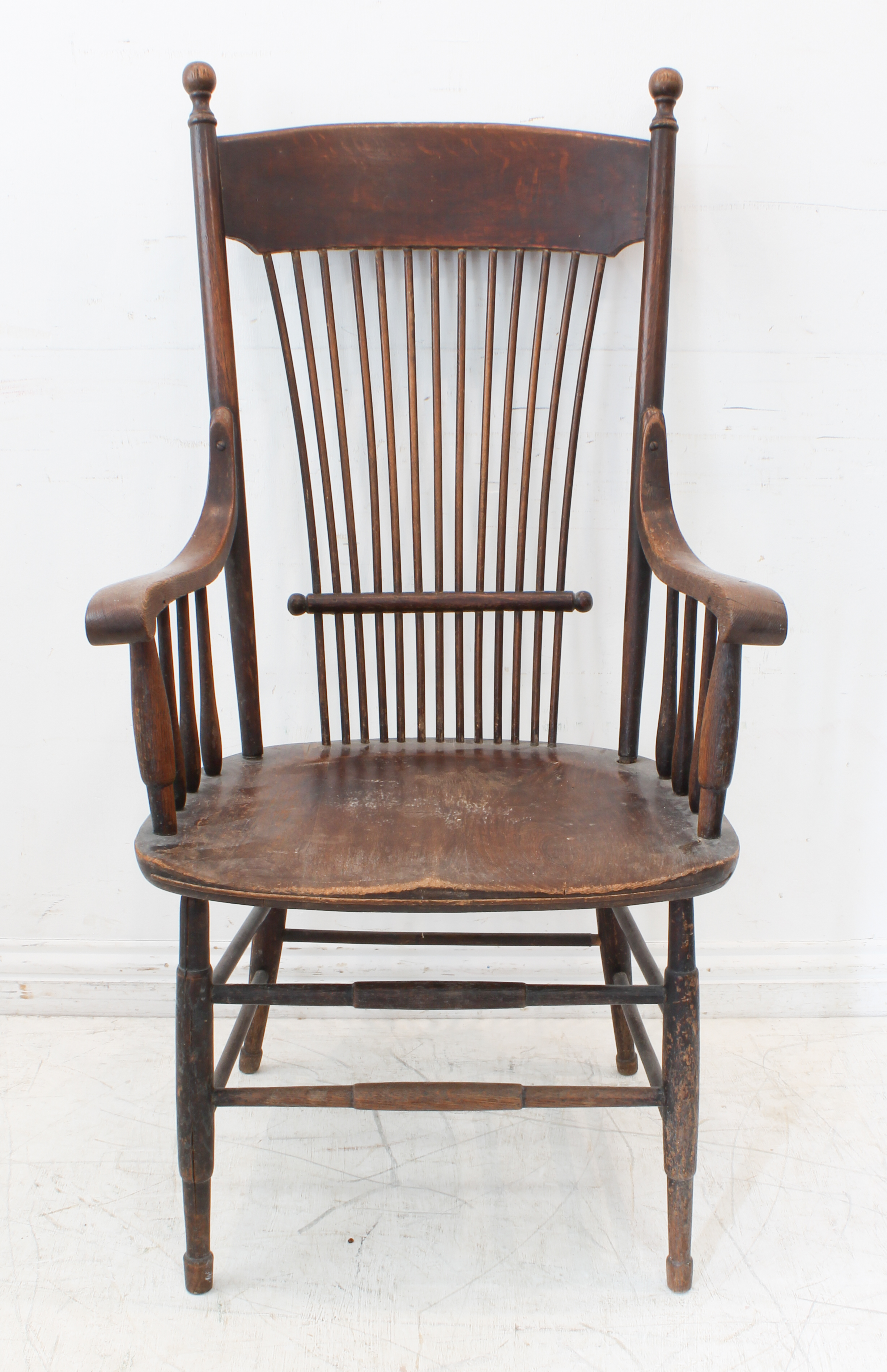 Two pieces: 1. a late 19th century open oak armchair in American style, with concave top rail - Image 12 of 16