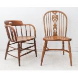 Two pieces: 1. a modern oak Windsor chair in the 19th century style, hooped back with pierced shaped