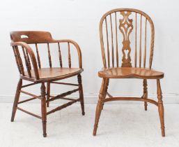 Two pieces: 1. a modern oak Windsor chair in the 19th century style, hooped back with pierced shaped