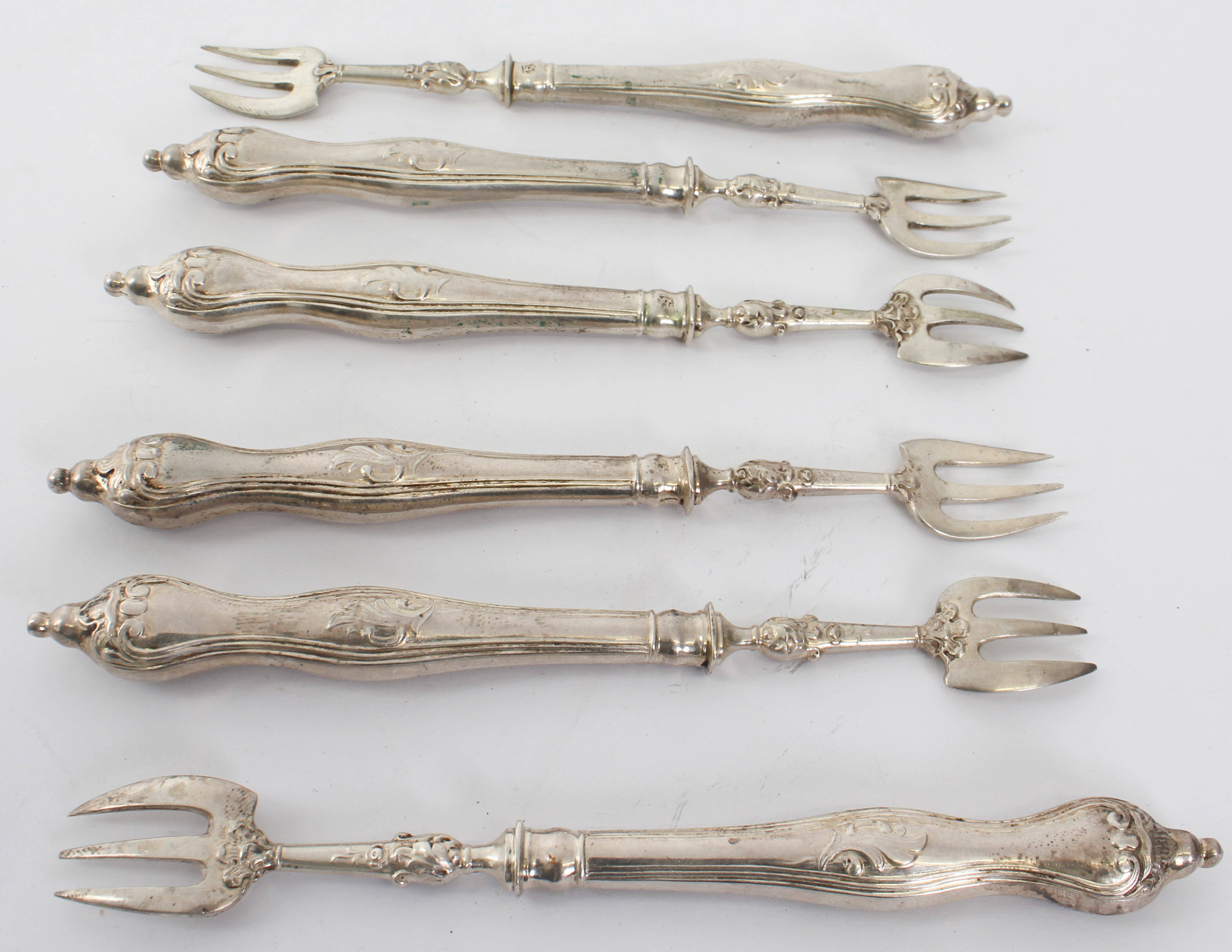 A set of six German silver runcible spoons or sporks - mark of Lazarus Posen, Frankfurt, .800