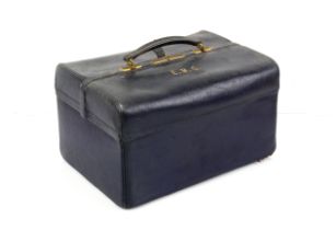 A dark blue morocco leather vanity case by Asprey & Co. - early 20th century, with top handle,