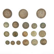 Eighteen Spanish silver coins and a Dutch gulden: 3 x 5 pesetas (1871, 1877 and 1898) (approx.