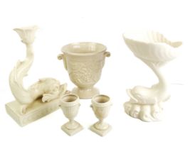 A Wedgwood 18th century style creamware dolphin candle holder - late 20th century, printed and