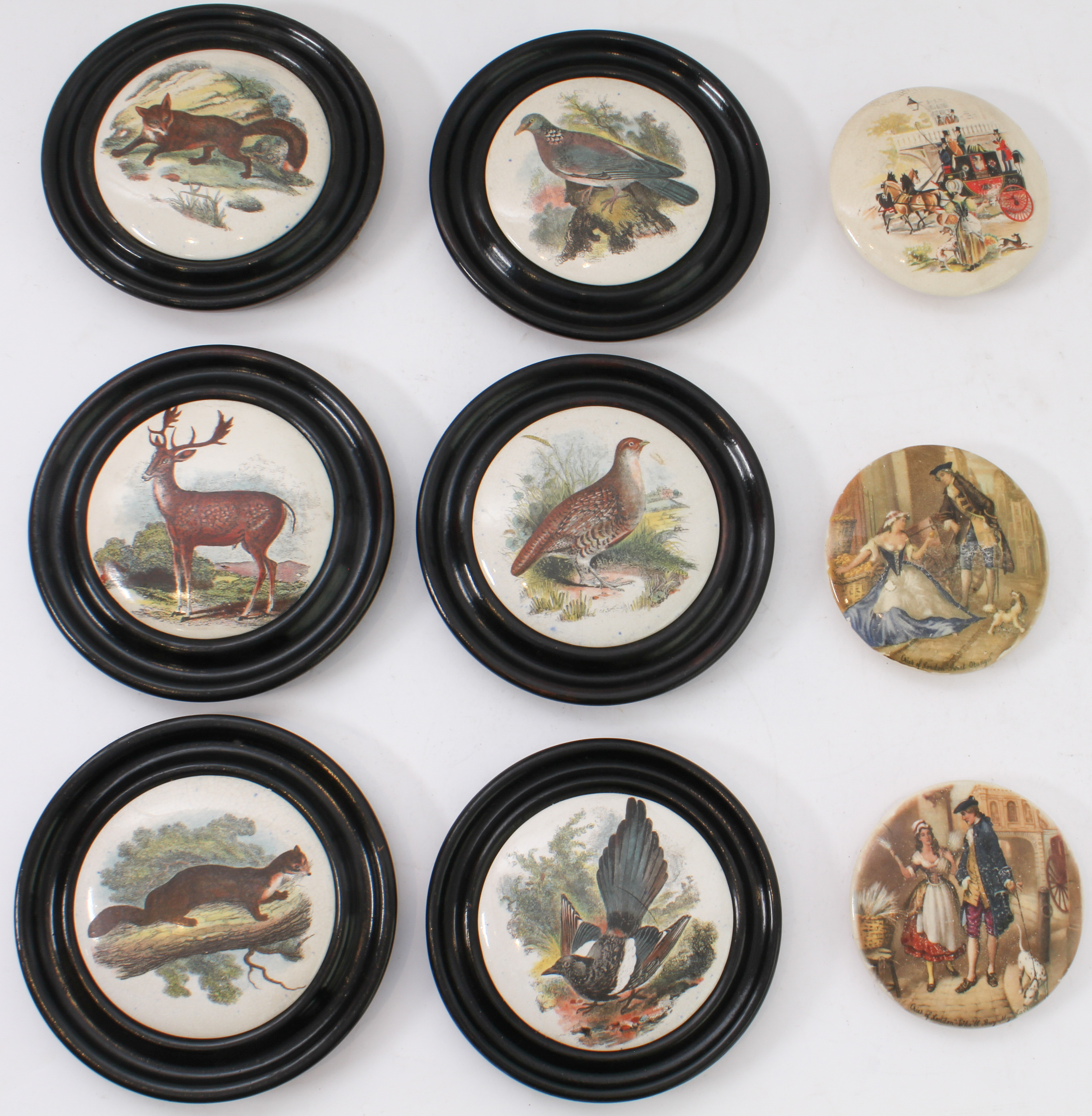 Nine late 19th to early 20th century ceramic pot lids: 1. six depicting various birds and animals,