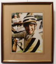 Davy Jones of The Monkees - a framed colour photograph of Jones in his jockey's silks, 34.5 x 26.