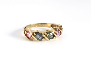 A 9ct yellow gold and multi-gem set five stone ring - hallmarked Birmingham 2005, size N.