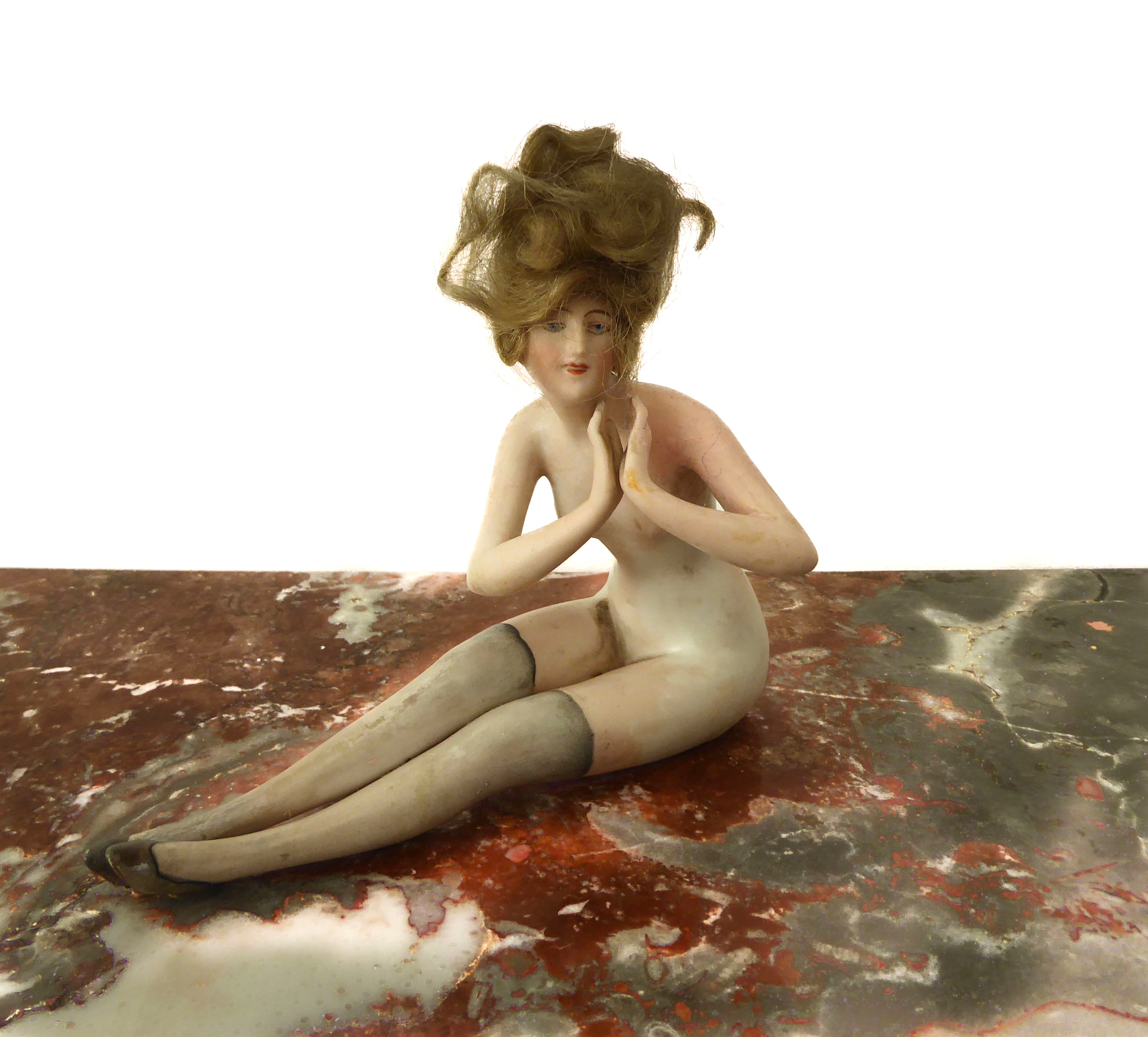 A bisque porcelain bathing belle or beauty - early 20th century, modelled as a female seated nude - Image 2 of 6