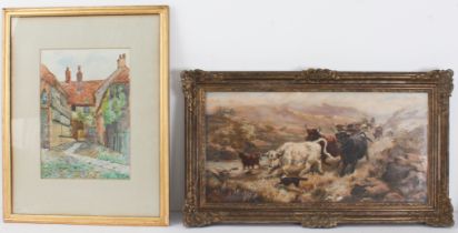 Two pieces: 1. British early 20th century Highland drovers oil on canvas, indistinctly signed (l.r.)