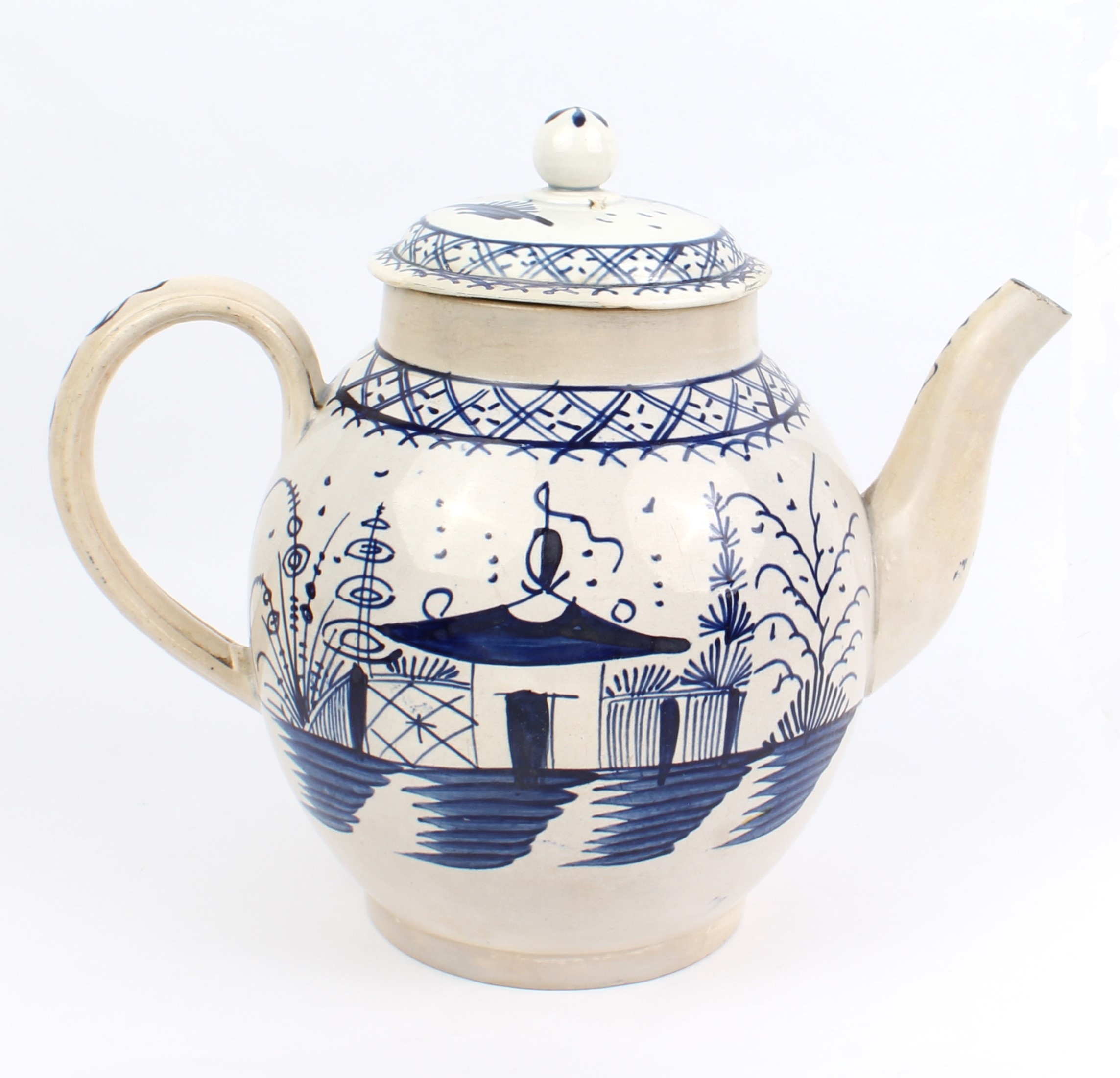 A late 18th century English pearlware hand-painted teapot with blue and white floral design (with - Image 2 of 6