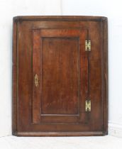 A George III fruitwood corner cupboard - the single panelled door on brass H-hinges, enclosing a