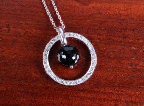 A silver, CZ and black glass pendant necklace - the large halo pendant set with round cut CZs, 4.