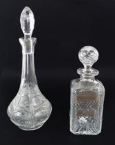 Two cut-glass decanters - comprising a late 20th century square decanter with diamond, printie and
