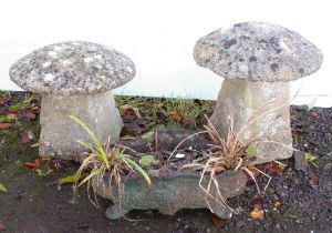 A pair of composition stone staddle-stones (47 cm high x 42 cm in diameter) and a cast-iron