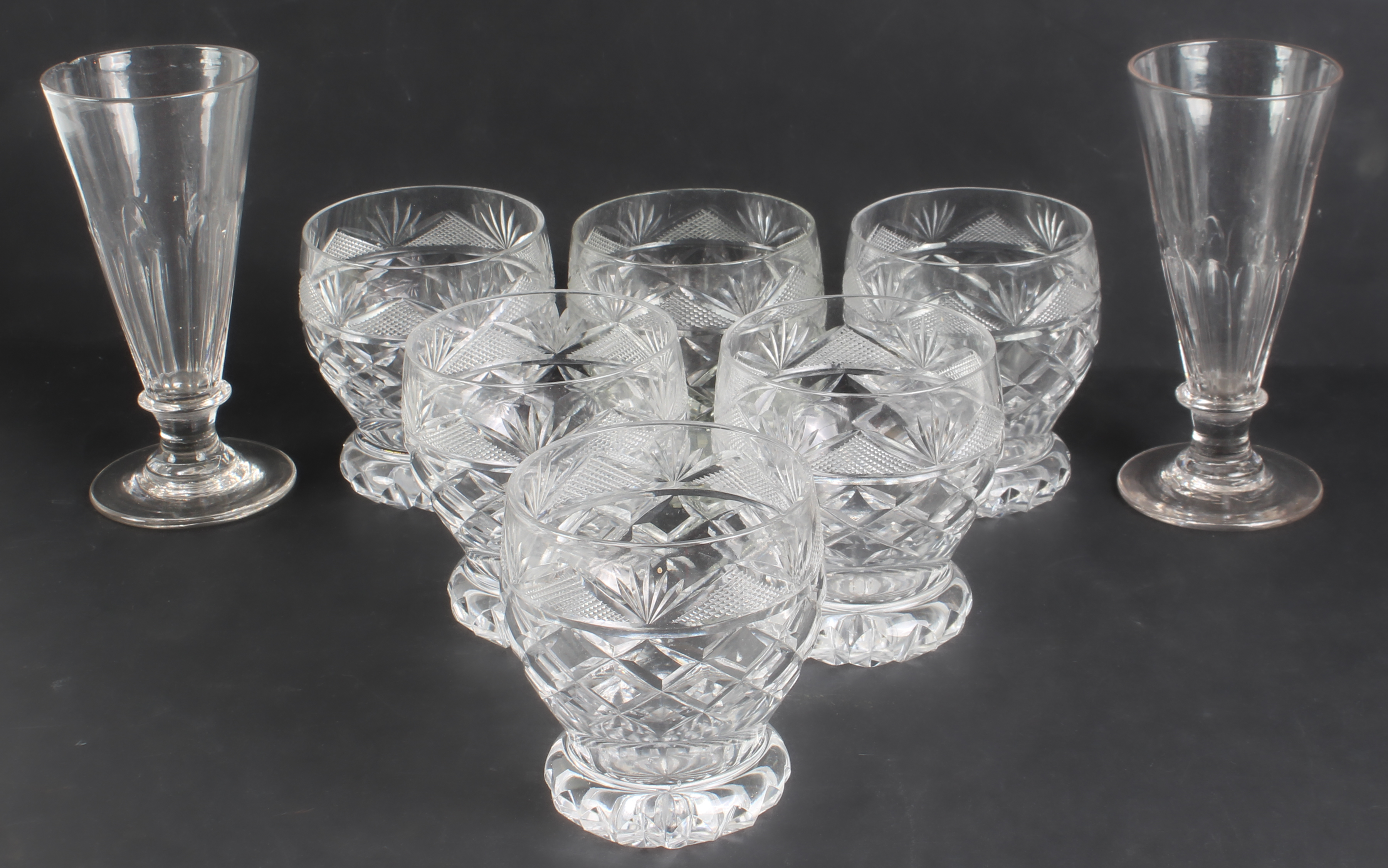 A set of six mid-century cut-glass whisky tumblers - 1950s-60s, with blaze, diamond and strawberry