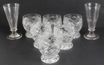A set of six mid-century cut-glass whisky tumblers - 1950s-60s, with blaze, diamond and strawberry