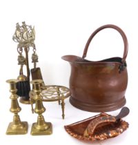 A small collection of brass and copper ware - comprising a 1920s-30s companion set with galleon