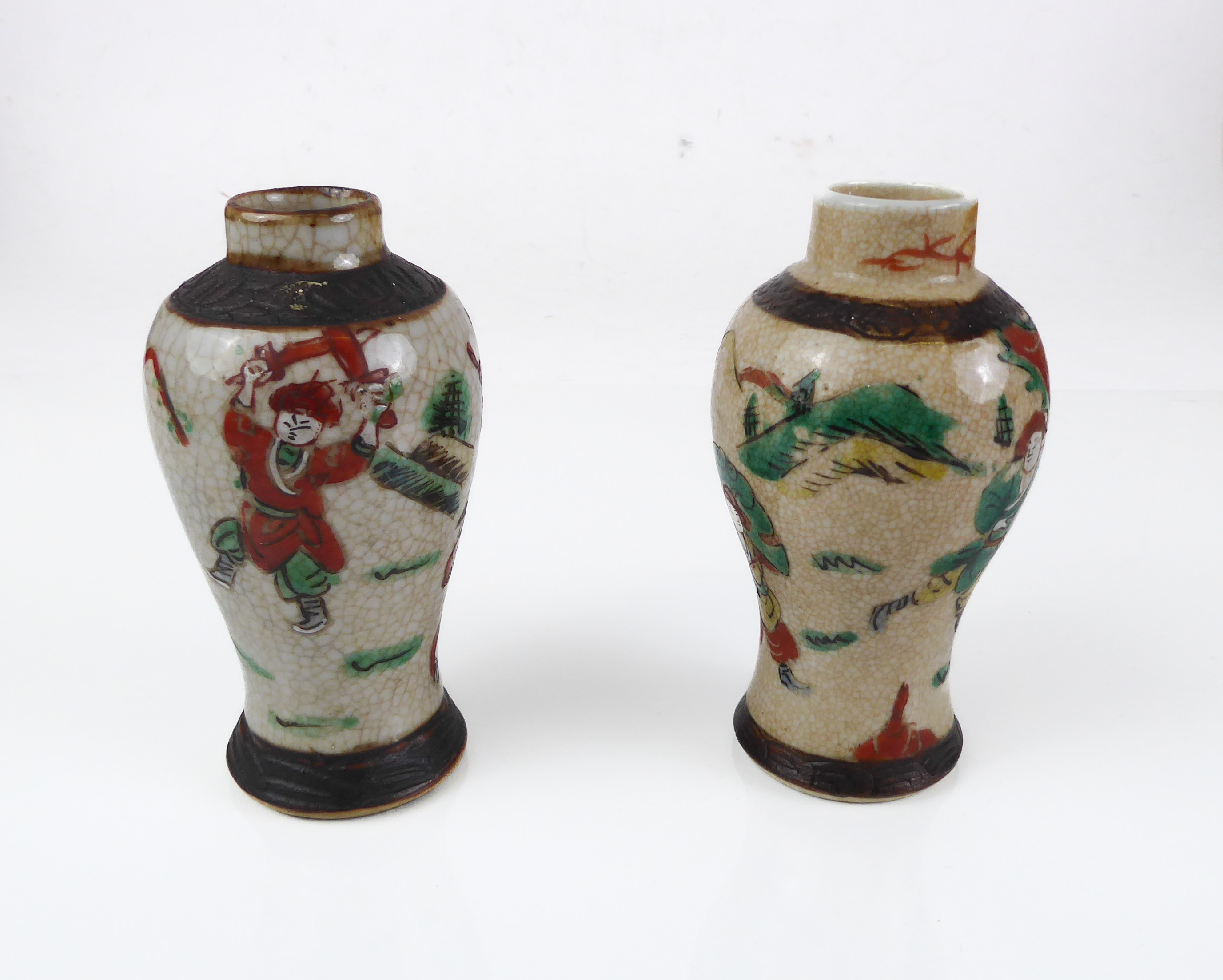 Two small Chinese porcelain crackle glaze baluster vases: 20th century, painted with warriors, one - Image 4 of 10