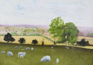 John Richards (British, 20th / 21st century) Sheep grazing in an extensive summer landscape oil on