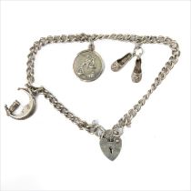 A silver chain link charm bracelet with various charms to include: owl seated in a crescent moon and