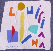A silk crepe scarf with a geometric pattern of letters and shapes, signed Richard M? 92 (approx.