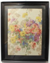 A framed panel of vintage floral fabric - early 20th century, the design depicting a large bouquet