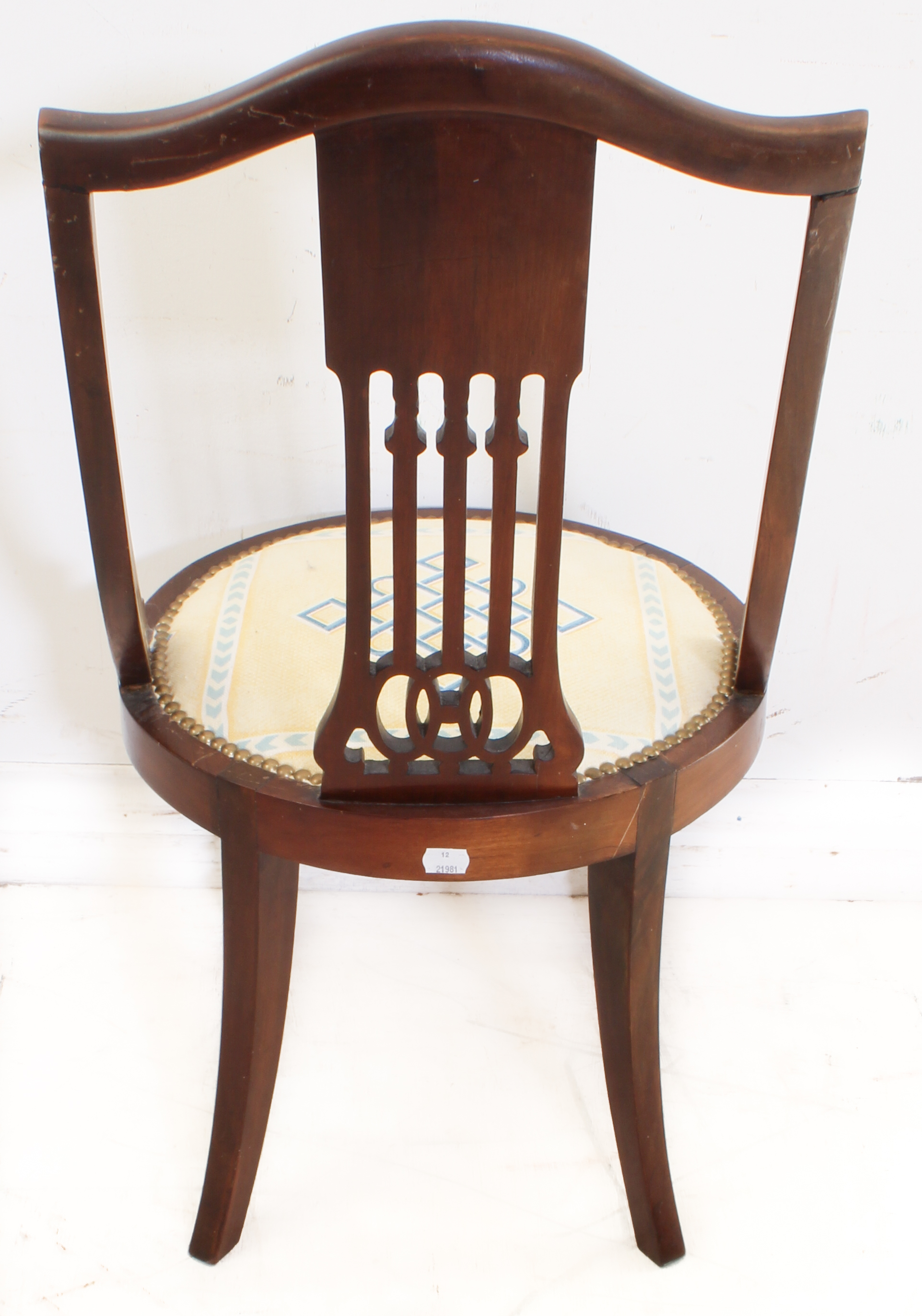 An Edwardian mahogany and marquetry nursing chair - pierced bar splat headed by a foliate - Image 4 of 4