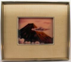 A framed Japanese musen enamel panel - late 20th century, depicting Mount Fuji at sunrise, 14.2 x