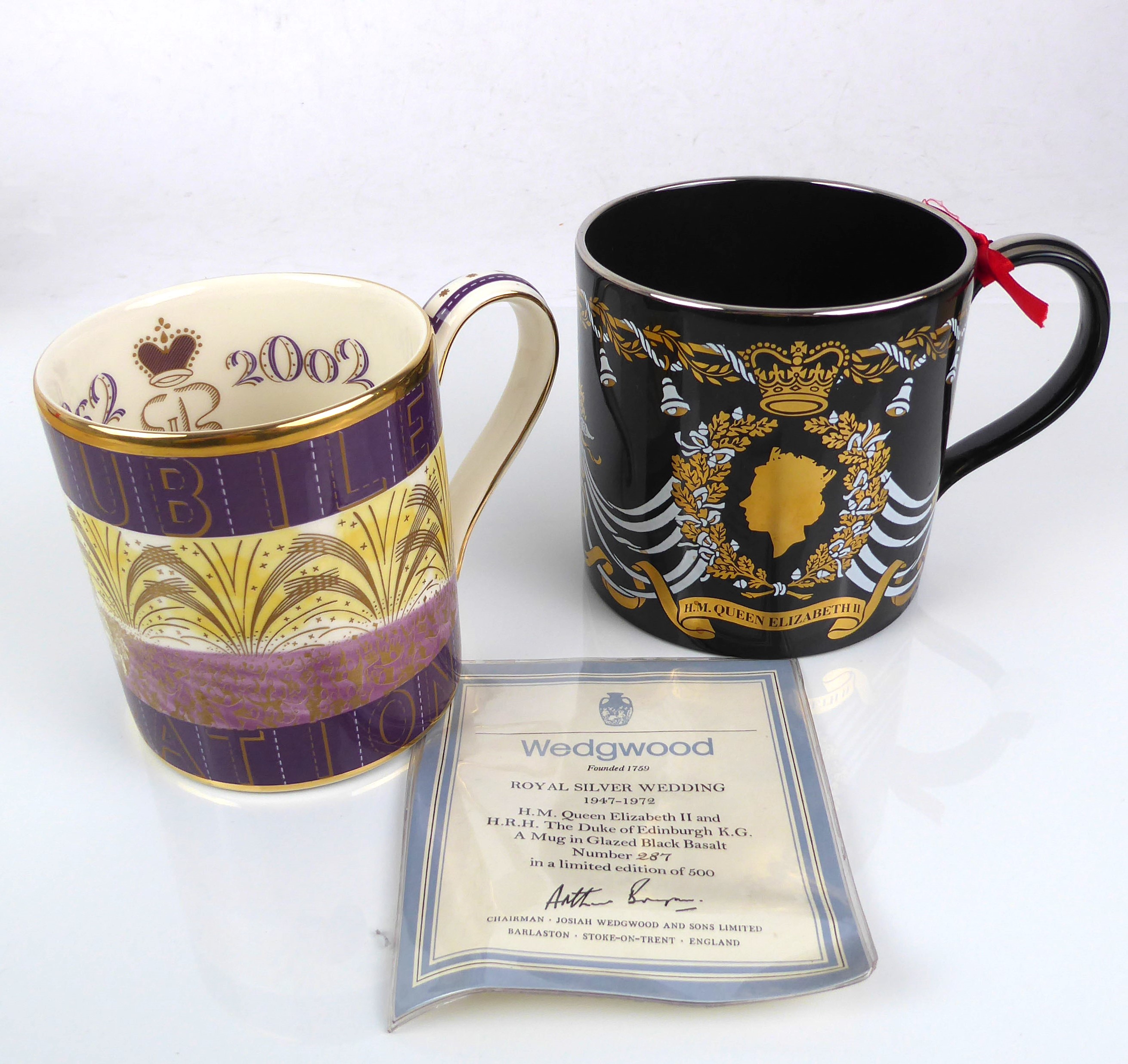 Two large tankards: 1. Wedgwood Golden Jubilee with a design after Eric Ravilious. 2. 25th Royal