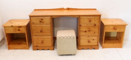 Four pieces: 1. a pair of modern Oregon pine style bedside cabinets with single drawers (LWH 47 x 40