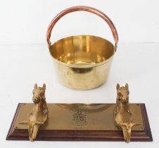 A brass and copper preserve pan (20 cm in diameter) and a modern Spanish brass coat-hook with