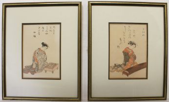 A pair of Japanese woodblock prints after Suzuki Harunobu (1724-1770) - early 20th century,