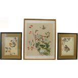 A Chinese watercolour on silk painting of two butterflies above peonies and chrysanthemums -