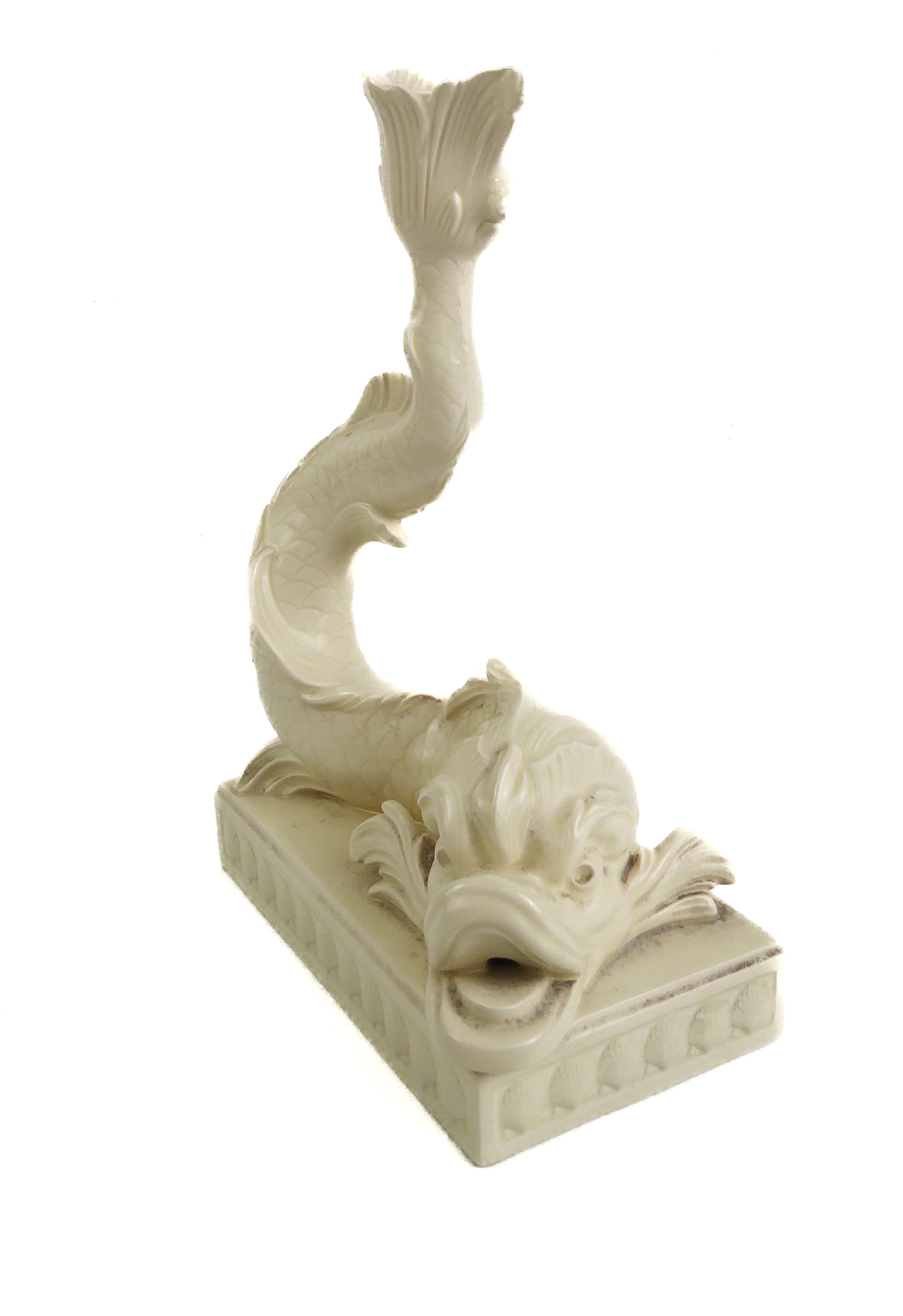 A Wedgwood 18th century style creamware dolphin candle holder - late 20th century, printed and - Image 2 of 7