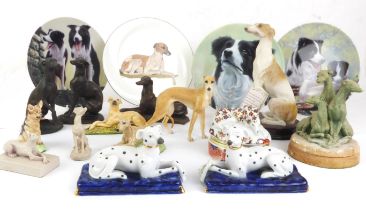 A collection of pottery and resin figurines of whippets and other dogs - including a boxed Border