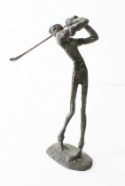 A bronze figure of a golfer in the style of Giacometti - dark brown patination, unsigned, 22.5cm.