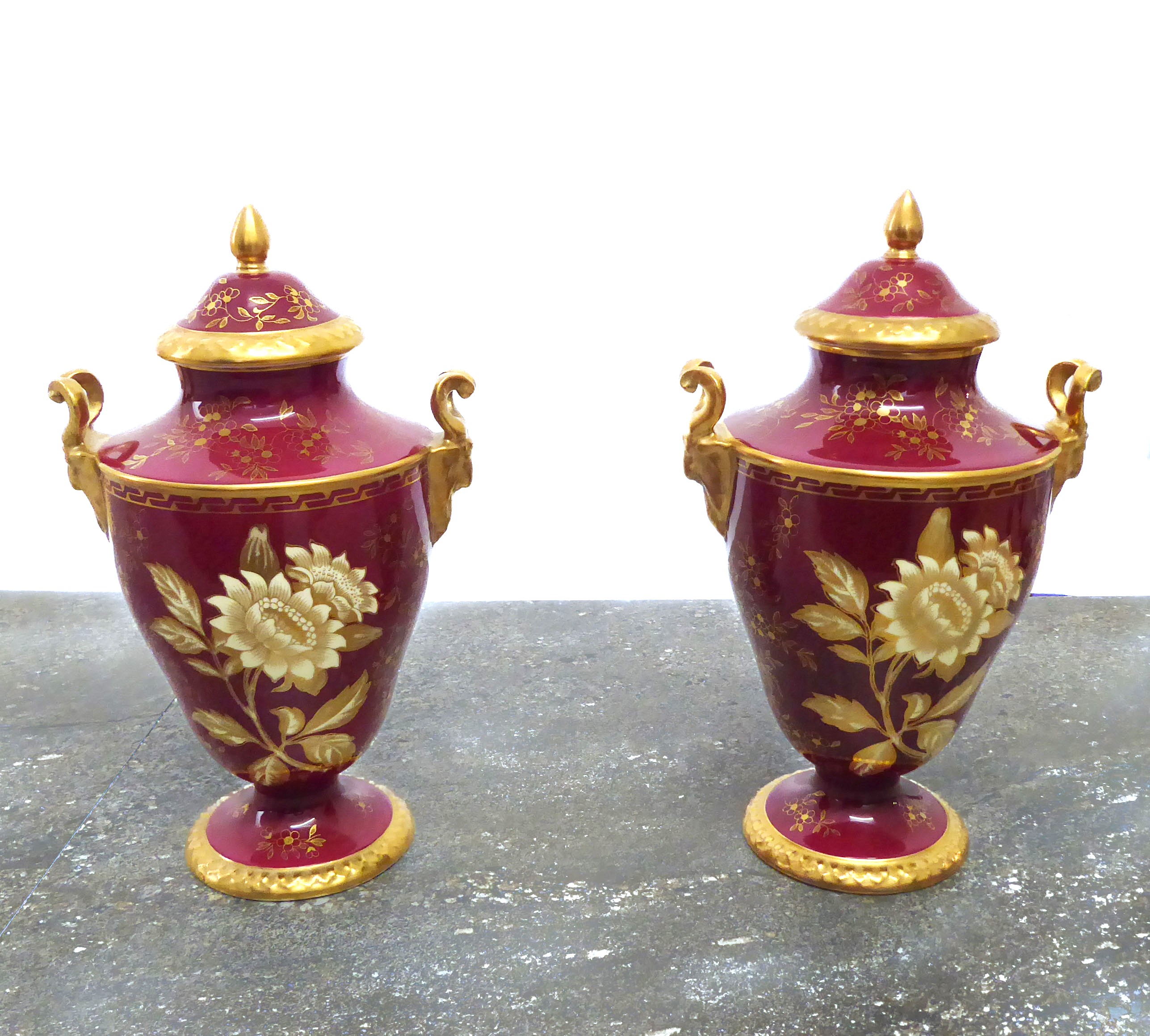 A pair of boxed Wedgwood Ruby Tonquin two-handled vases and covers - printed factory marks, of urn - Image 2 of 6
